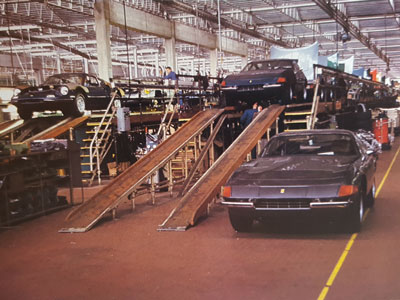 Ferrari built their first assembly line in 1958 to produce the 250 GT models and in 1960 they added a second line. In 1972 the line at left was used exclusively to build 264 GT Dinos while the line at the right produced a mix of V-12 engined 365 GTB/4 and 365 GTC/4 models. Shown here are a long line of 365 GTC/4s with their hoods up behind the sole blue 365 GTB/4 at the front of the line.